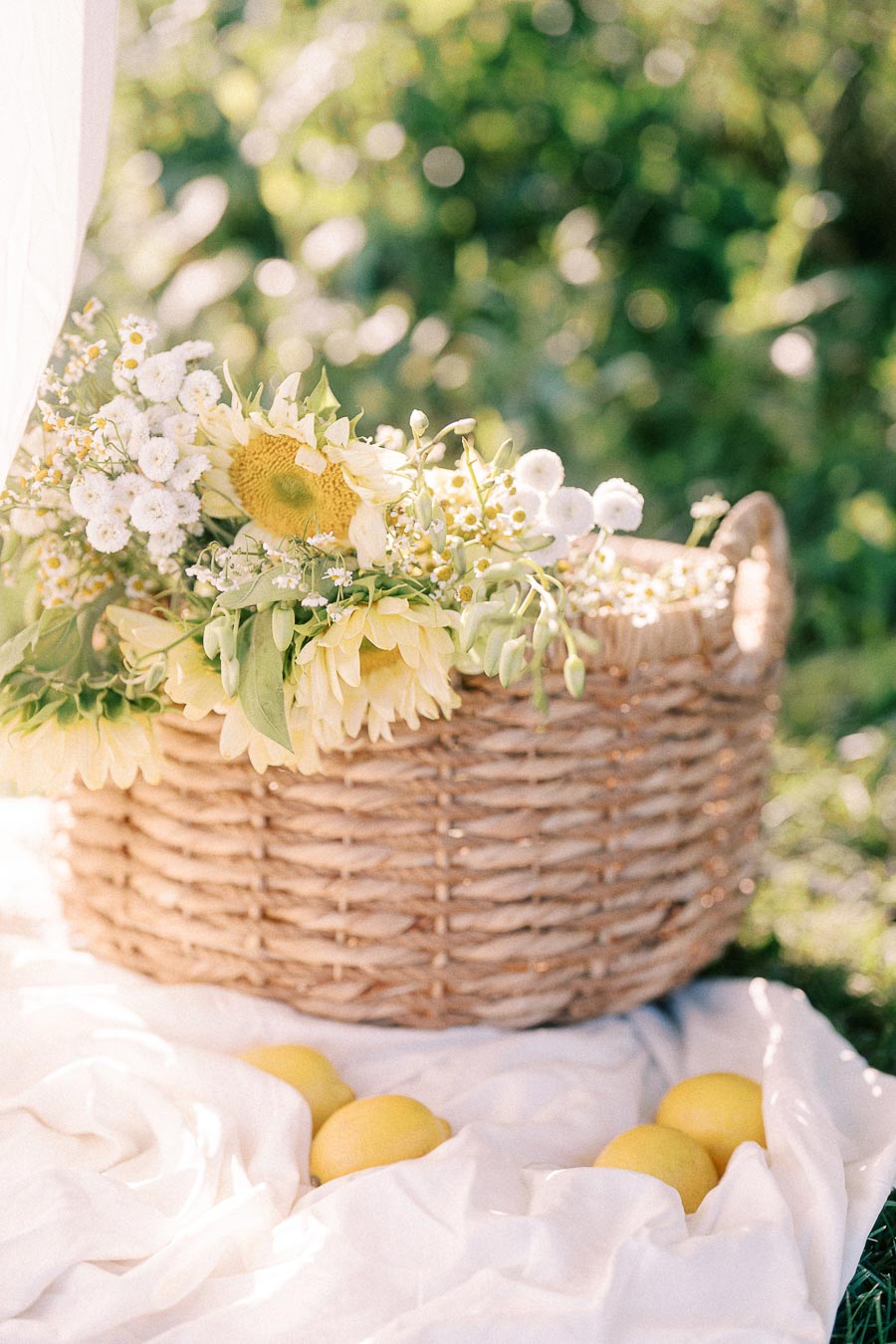 Wicker basket of yellow and white flowers with lemons on white fabric