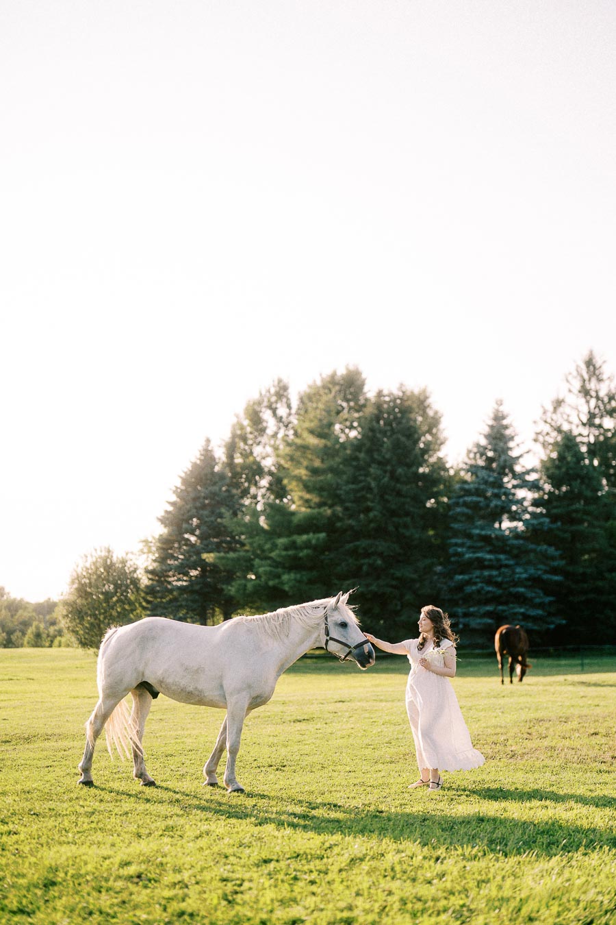 Pregnant woman in a white dress standing with a white horse in a grassy field