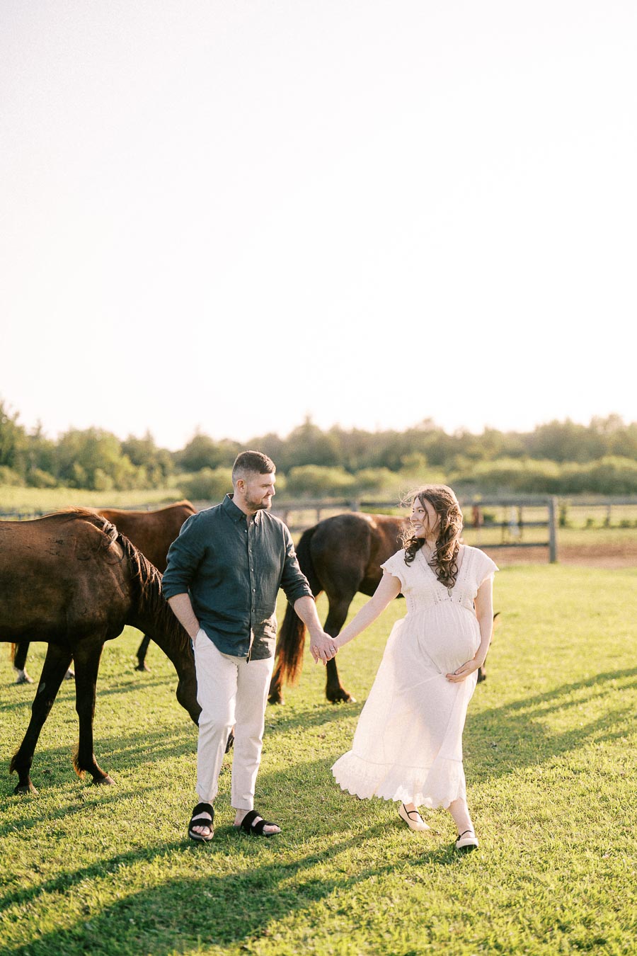 Expectant couple holding hands in a pasture with horses at The Green Acres