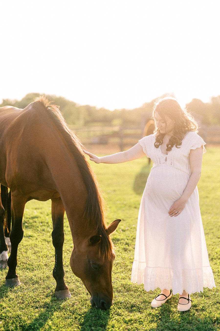 Pregnant woman in a white dress touching a grazing horse in a field