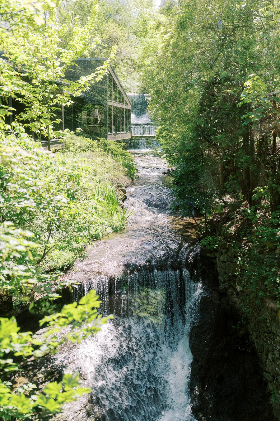 Sunlit waterfall and creek framed by dense green trees near a glass building at Ancaster Mill.