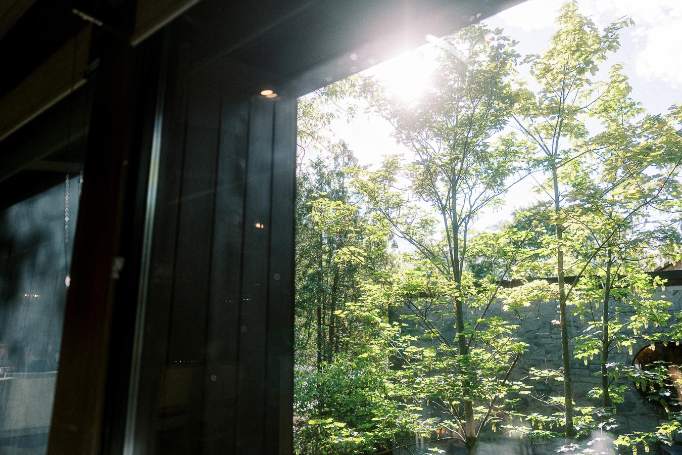 Sunlight streams through leafy trees outside a dark window at Ancaster Mill in Ontario.