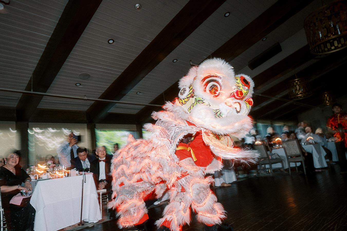 Traditional Chinese lion dance performance at an indoor event, featuring a vibrant lion costume with intricate designs and glowing accents, captivating a seated audience.