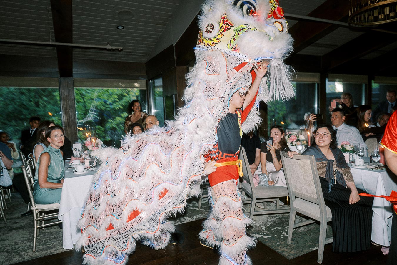 Lion dance performance at a festive indoor event, with colorful, feathered costumes and attendees watching in awe.