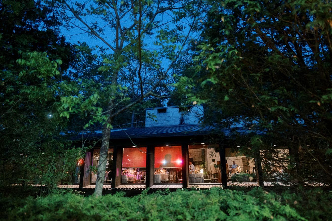 Modern building with large windows illuminated at night, surrounded by lush greenery and trees, creating a serene and inviting atmosphere.