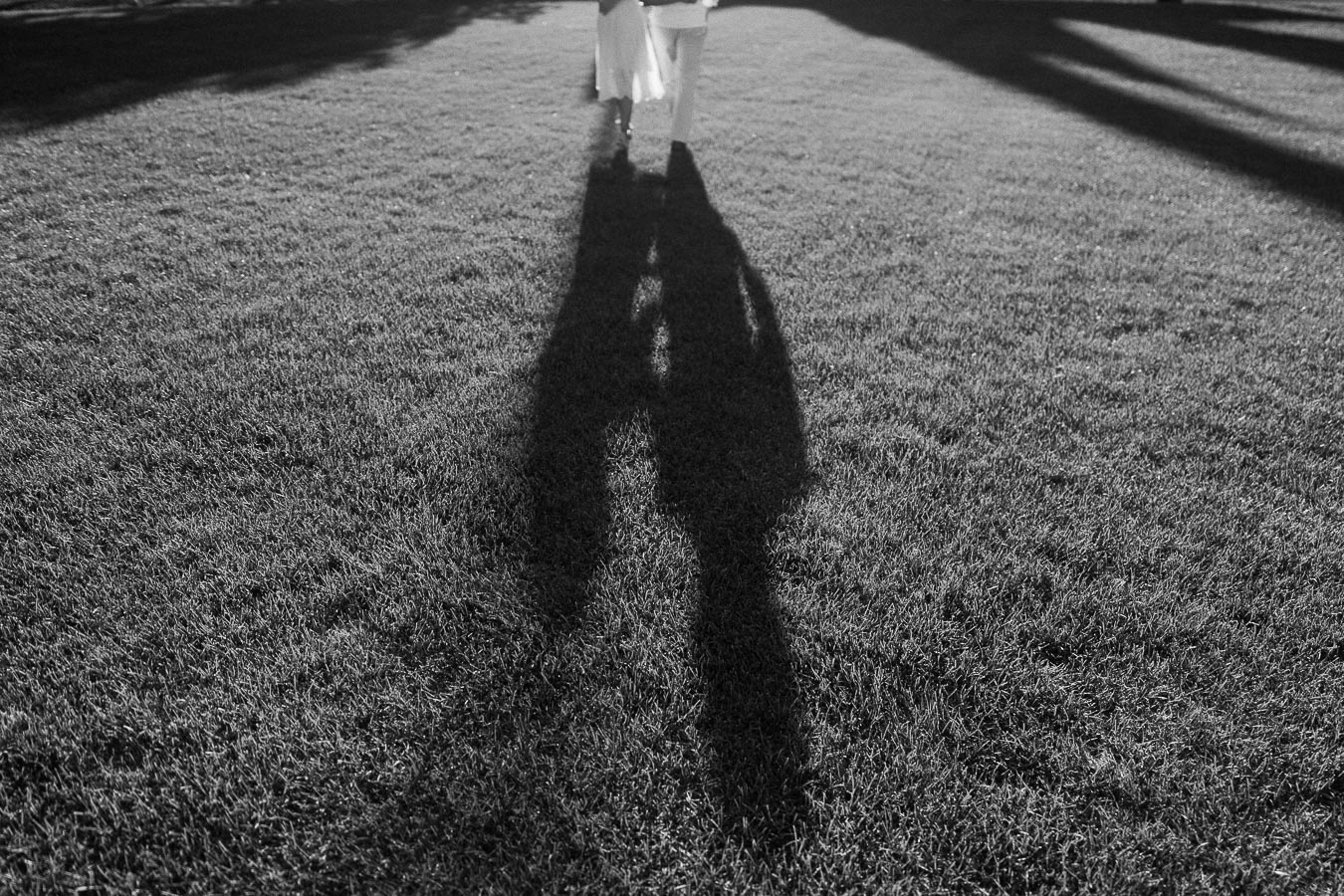 Rachel and Matt walk across a lawn as their long shadows stretch toward the camera in black and white.