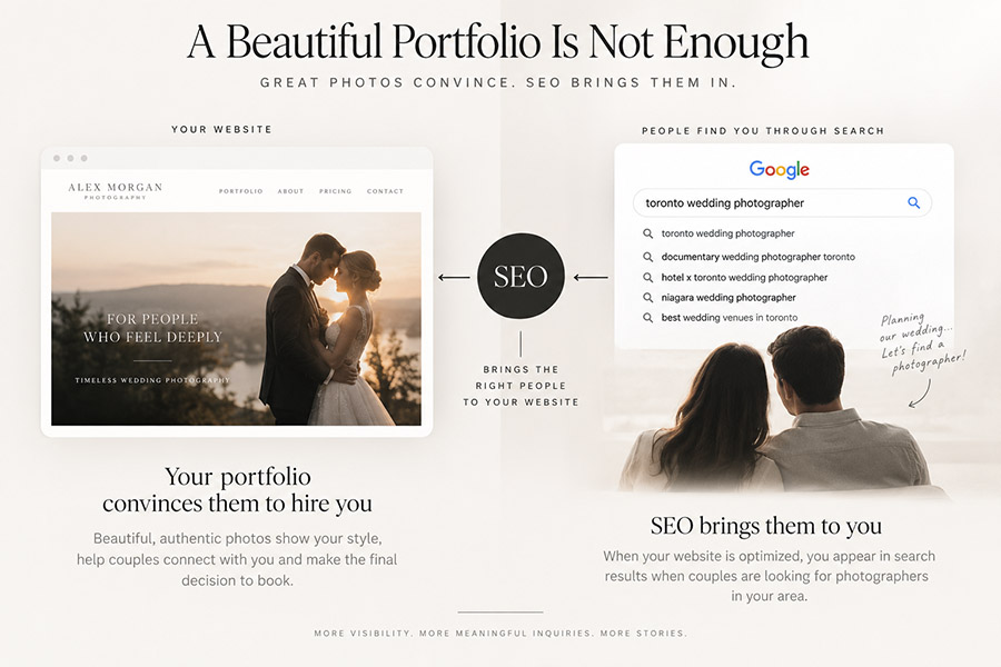 Wedding photography SEO infographic illustrating the importance of combining a beautiful portfolio with effective SEO strategies. The image shows a webpage mock-up with a couple's romantic silhouette, a Google search result for Toronto wedding photographer, and a couple making plans. Captions explain how SEO attracts the right audience to a photographer's website, while a compelling portfolio persuades visitors to hire them.