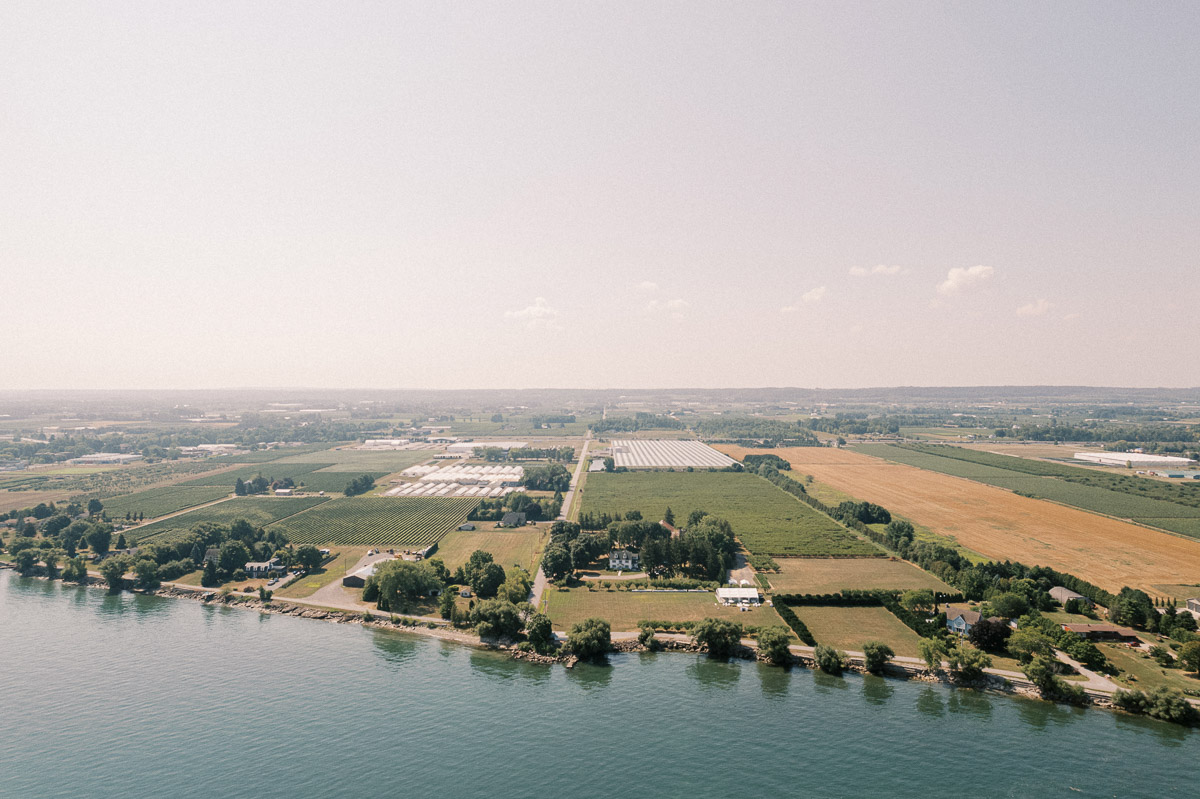 An aerial view of the Niagara countryside and Lake Ontario near Martin Estates in Lincoln, Ontario.