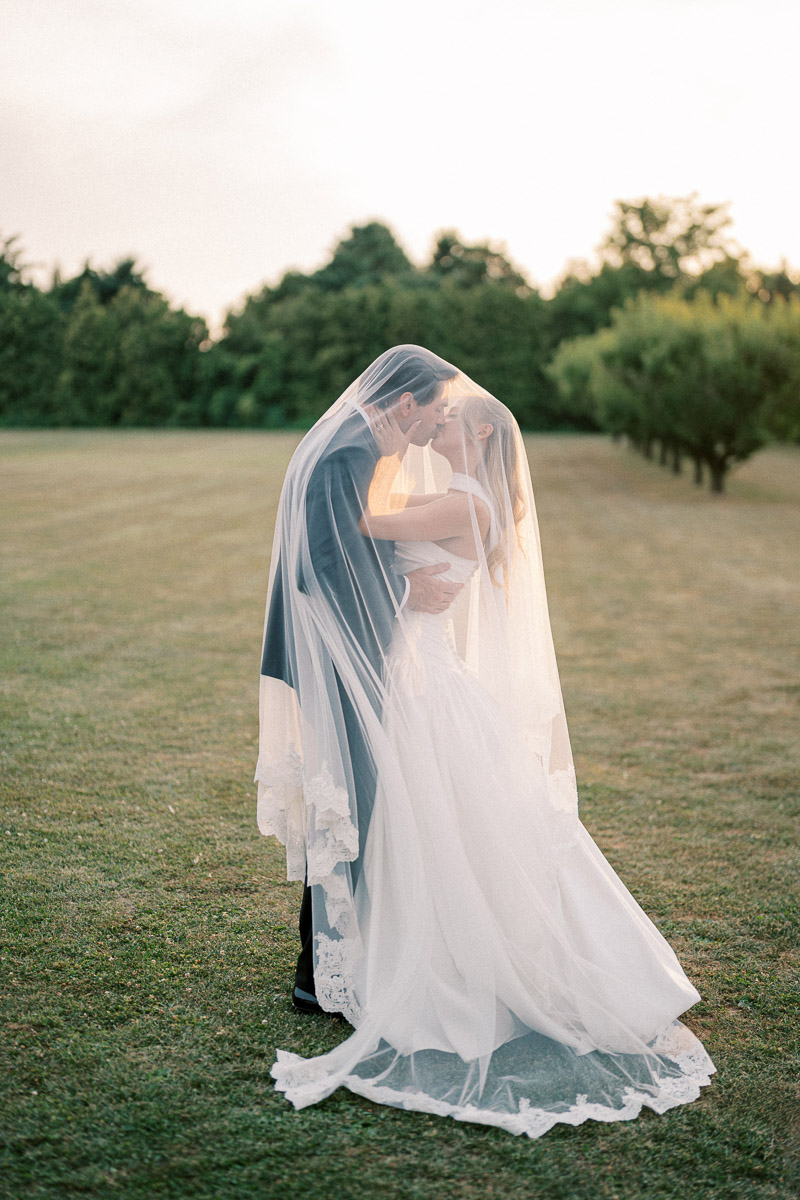 A romantic portrait of the newlyweds beneath the bridal veil at sunset at Martin Estates in Niagara.